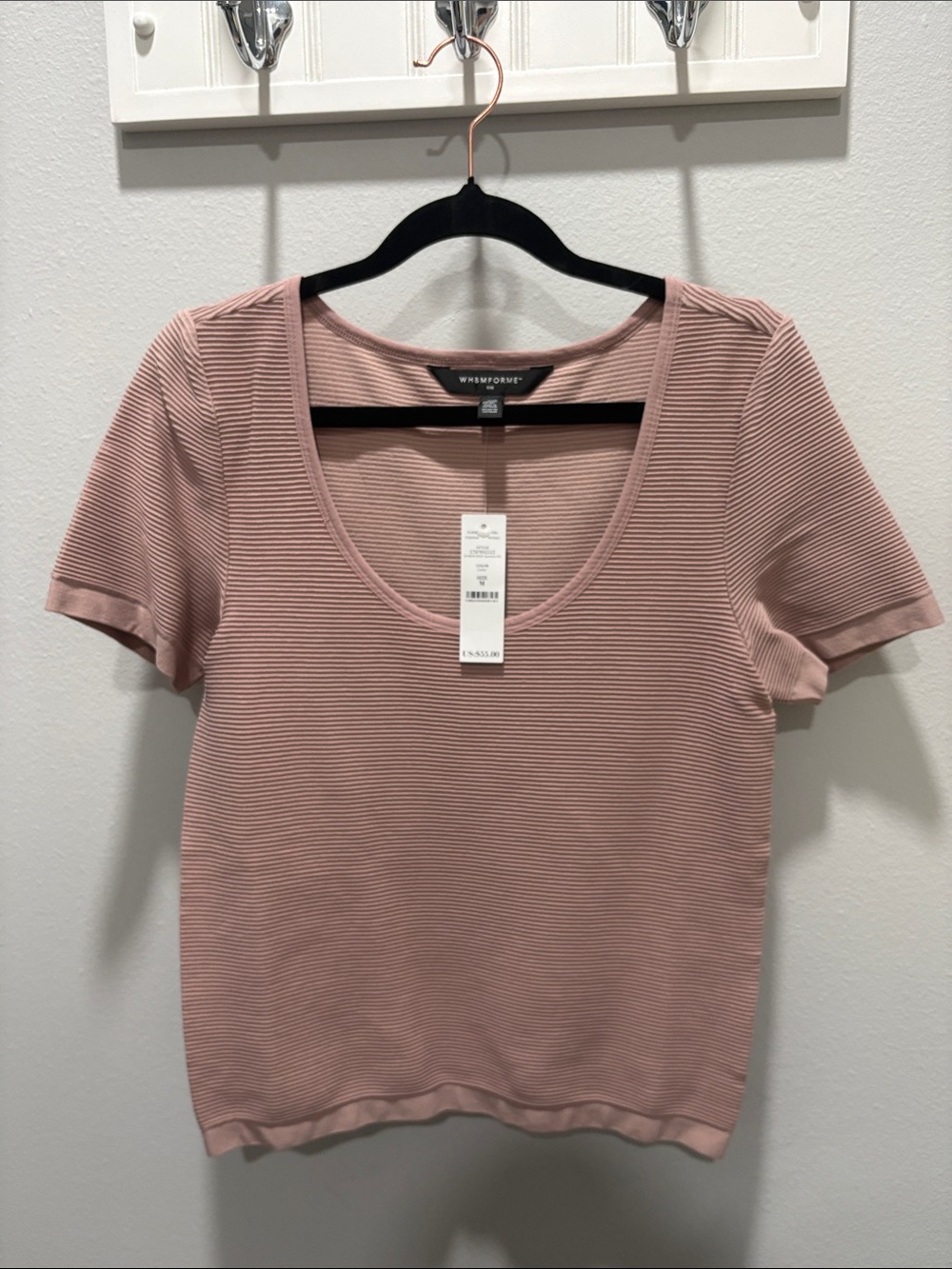 White House Black Market Ribbed Scoop Neck Short Sleeve Tee - Dusty Pink